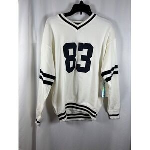 Urban Weekend Womens Varsity V-Neck Sweater White Black 83 Graphic‎ Medium NEW